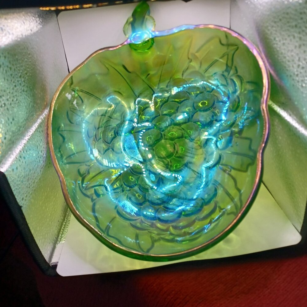 Vintage Large Green Carnival Glass Fruit Bowl Grape Pattern Serving Bowl